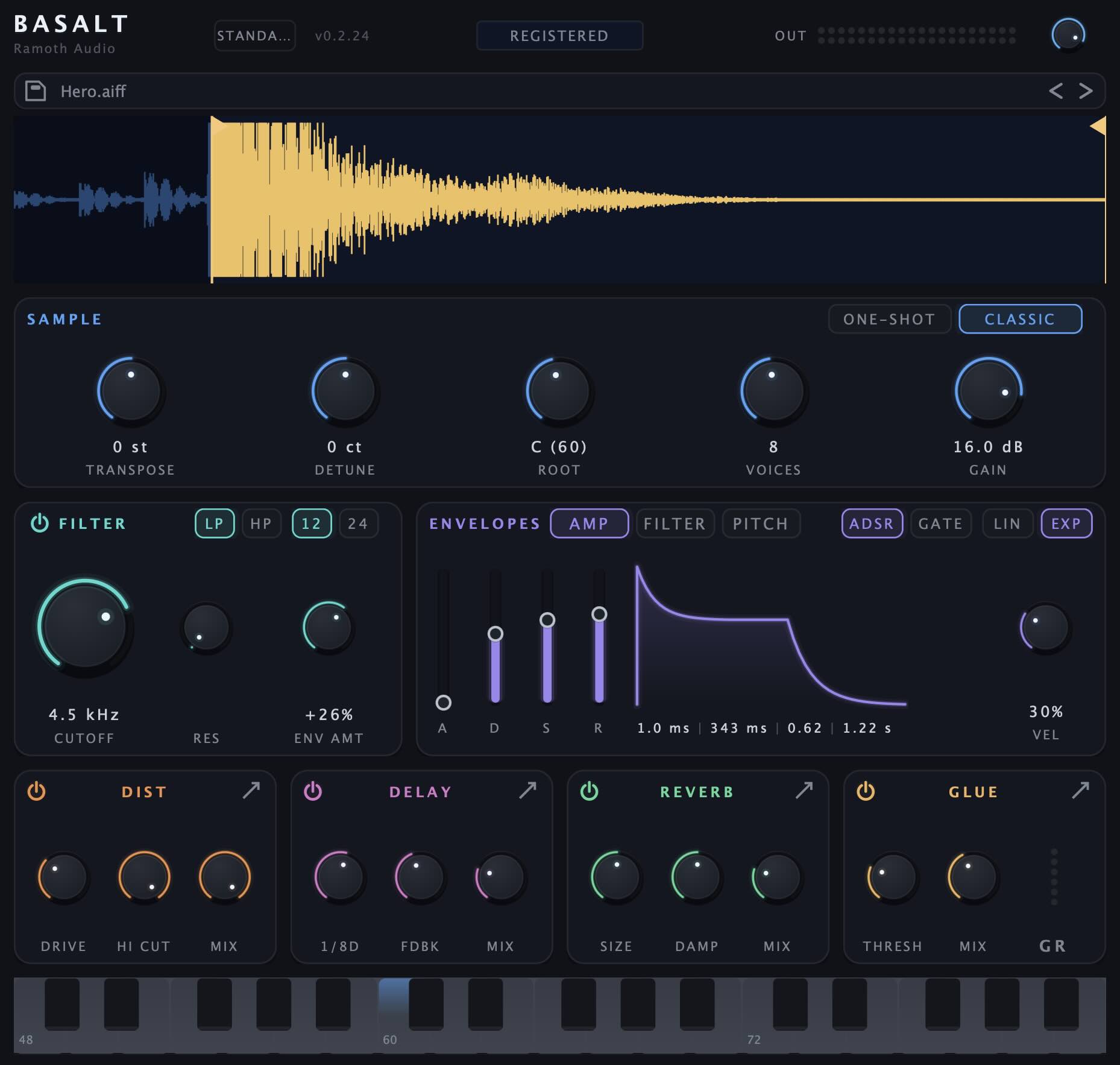 The Basalt plugin interface: a waveform display with trim handles, sample controls, filter and envelope sections, and four effect modules — distortion, delay, reverb, and glue compressor — above a keyboard strip.